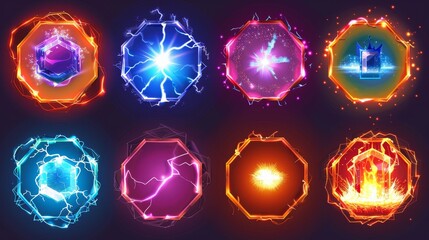 Wall Mural - Modern illustration of orange and blue avatar frames decorated with sparkling particles, electric bolts, lightning bolts and lightning strikes.