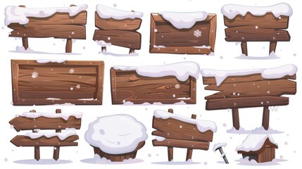 Wall Mural - The winter wooden road sign board with a snowy background. Christmas wood texture signboard frame. Blank frozen billboard plank for xmas. 3D realistic stick pointer signage isolated ui snowy timber