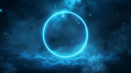 Wall Mural - An abstract stardust mist and neon blue circle in a sparkling cloud of smoke. Modern image of a round frame lit in a shimmering fog with milky way stars in the night sky.