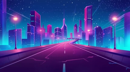 An empty highway leads to a futuristic night city with fantastic multistorey buildings adorned with neon lights. Cartoon modern landscape of a futuristic cyber high technology downtown with empty