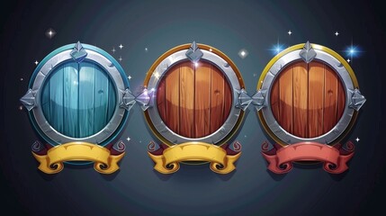 Poster - Set of circle game rank frames isolated on white background. Modern illustration of medieval round avatar borders made of wood, silver, and gold, decorated with ribbons, wings, and sparkles.