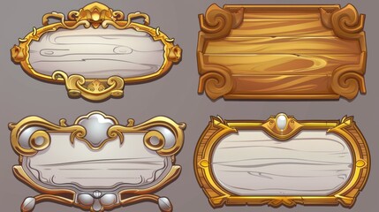 Poster - Decorative game UI frame for avatar or menu banner. Golden, wooden and silver round and rectangular borders. Cartoon modern illustration set of medieval interface design deco.