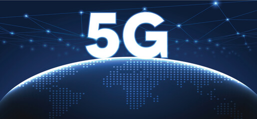 Wall Mural - 5G technology, telecommunication industry, telecom network glowing 5G text on glowing earth technology vector poster