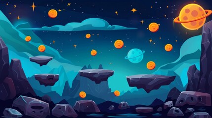 Wall Mural - Modern cartoon illustration of alien planet rocky landscape, golden coins on level stones, score points, stars, and moon glowing in dark night sky.