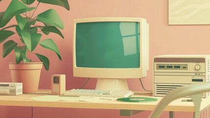 Wall Mural - Y2K aesthetic posters. Modern realistic illustration of retrowave design flyers in green and beige colors with computer, phone, CD, abstract icons on groovy graphic banner.