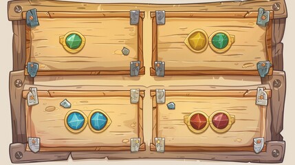 Poster - cartoon modern illustration of wooden and parchment frame, title border, text box and border for gam