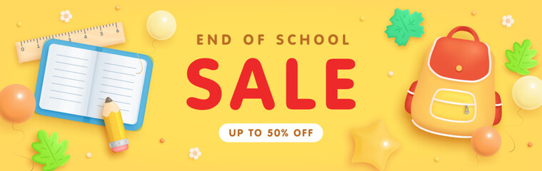 Wall Mural - End of school sale horizontal banner with realistic notebook, pencil, backpack and helium balloons on yellow background. Vector illustration