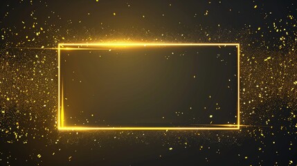 Gold frame isolated on a gradient background. Illustration of a shiny rectangular border with magic light and shimmering particles suitable for game interfaces or banners.