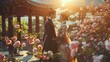 © songwut - A dramatic reenactment of a K-drama scene in a picturesque garden, with actors in stylish outfits and a romantic atmosphere