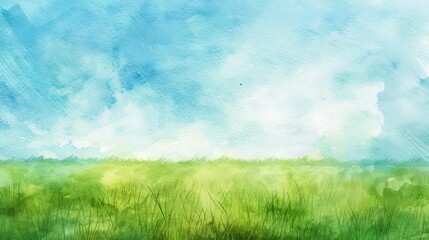 blurred grassy horizon abstract blue sky and green meadow watercolor texture summer background illustration