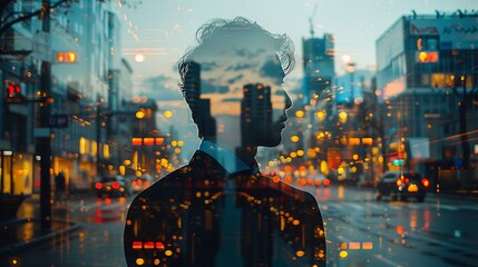 Wall Mural - Double exposure Business, Man in a suit working on a laptop, superimposed on a panoramic view of a busy city, symbolizing the integration of technology in modern business. Illustration image,
