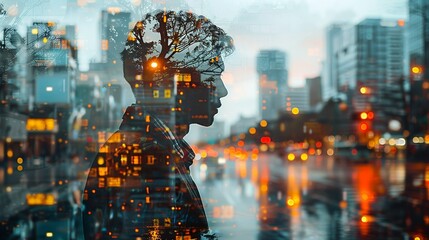 Wall Mural - Double exposure Business, Man in a suit working on a laptop, superimposed on a panoramic view of a busy city, symbolizing the integration of technology in modern business. Illustration image,