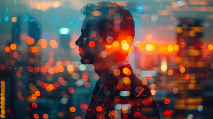 Wall Mural - Double exposure Business, Man in a suit working on a laptop, superimposed on a panoramic view of a busy city, symbolizing the integration of technology in modern business. Illustration image,