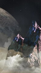 Wall Mural - vertical above the clouds mountain peak with planet 4k features a view from above the clouds with a 