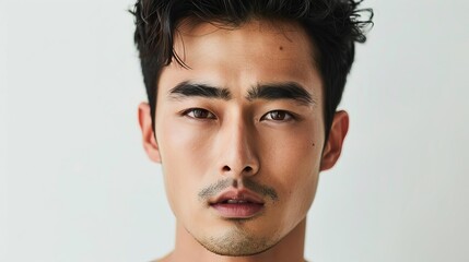 Wall Mural - closeup portrait of handsome young korean man with flawless skin serious expression studio shot