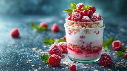 Canvas Print - healthy breakfast options, delicious and healthy breakfast choice of yogurt, berries, and oats layered in a glass jar for an easy, nutritious meal