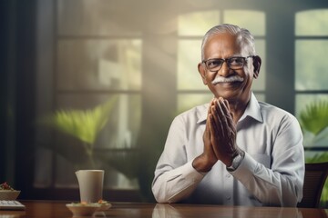 Canvas Print - Portrait of a satisfied indian man in his 70s joining palms in a gesture of gratitude isolated on stylized simple home office background