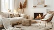 © Bijac - cozy scandinavian living room with rattan lounge chair wicker pouf and white sofa by fireplace embodying hygge interior design 3d rendering