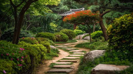 paving stone path in the asian botanical garden park, garden with pine trees, plants, trees and pathways at sunset. paved paths in the garden