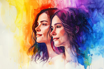 Artistic portrait of two women facing each other with vibrant watercolor background