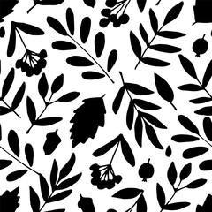 Wall Mural - Simple floral vector seamless pattern. Black silhouette of leaves, branches, rowan berries on a white background. Autumn collection.