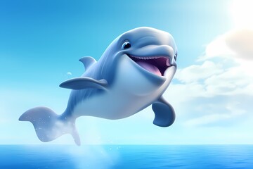 cute cartoon dolphin jumping high in the air