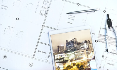 Aufkleber - Architecture, blueprint and tablet or drawing top view as development with building design, digital app or floor plan. Technology, tools and project planning or renovation website, sketch or creative