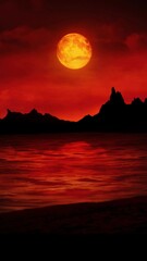 Wall Mural - vertical beach island silhouette in red 4k loop features a silhouette of an island out in an ocean w