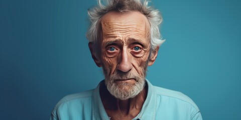 Turquoise background sad european white man grandfather realistic person portrait older person beautiful bad mood old man Isolated on Background ethnic 