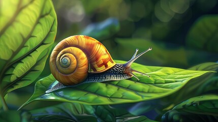 Wall Mural - curious snail exploring vibrant green leaf in natures microcosm closeup digital painting