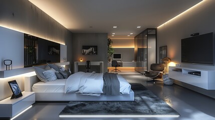 Aufkleber - A bedroom, modern industrious design, concrete floor, LED light strip, an office nook with a computer and a office chair, a TV, a lounge chair, high tech AC control mount on the wall. Generative AI.