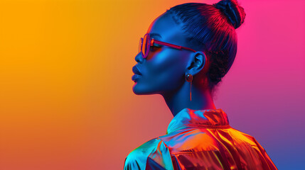 Poster - Fashion portrait of beautiful african american woman in neon light.