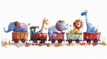 Train cartoons with elephants, rhinoceros, giraffes, hippopotamuses and zebras on waggons; watercolour hand draw illustrations with white isolated backgrounds