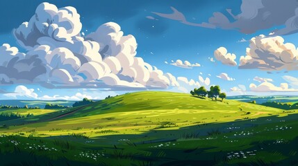 Wall Mural - Isolated summer fields, hills with green grass, a blue sky filled with clouds, flat cartoon illustration. Stock AI.