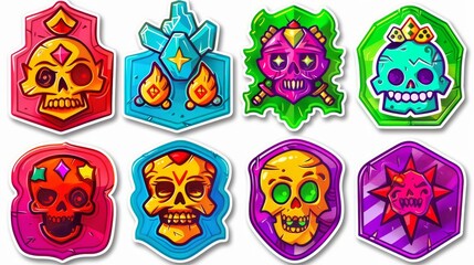 Poster - This is a set of colorful vintage label shapes. The set contains a variety of trendy retro sticker cartoon shapes. You will also find funny cartoon character art and quote sign patches included.