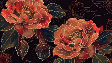 The set of modern line gold art flowers feature luxury glitter roses on dark backgrounds with a japanese floral pattern. The set can be used as a card, wallpaper, nature elegant concept, and vintage