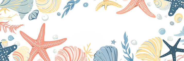 Wall Mural - Aquatic banner with seashell, starfish and copy space decorated with sea elements in pastel hues. Panoramic web header. Wide screen wallpaper