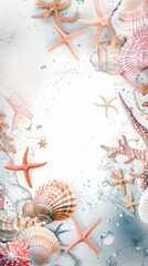 Wall Mural - Starfish and shell poster frame with copy space and coral elements in soft hues