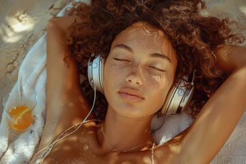 Poster - Scene of a person reclining on a beach towel, headphones on, a cocktail in hand, and a serene expression on their face,
