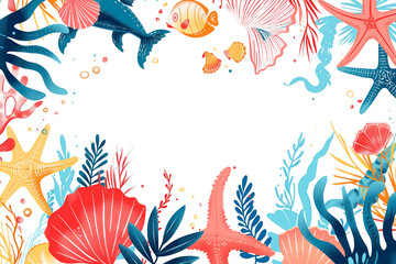 Wall Mural - Colorful seashell frame with copy space and various sea elements in watercolor style