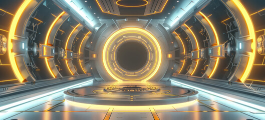 Leinwandbilder - Lighting e-commerce space technology ring indoor stage background science fiction channel, yellow light. Generative AI.