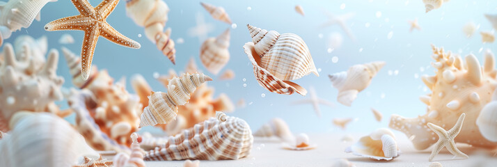 Wall Mural - Floating sea shells and starfish with bubble on blue background banner. Panoramic web header. Wide screen wallpaper