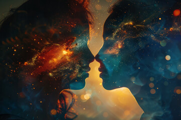 Wall Mural - Illustration of The Lovers (card 6) as twin stars in a binary system, highlighting unity and cosmic duality,