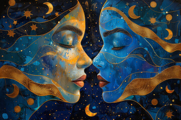 Fototapete - Illustration of The Lovers (card 6) as twin stars in a binary system, highlighting unity and cosmic duality,