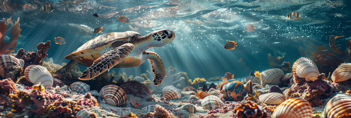 Wall Mural - Sea turtle glides over colorful seabed filled with shells, corals and ray of sunlight banner. Panoramic web header. Wide screen wallpaper