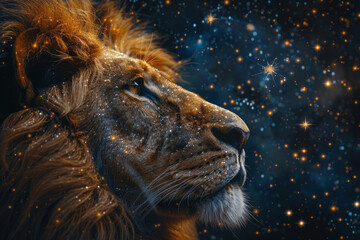 Fototapete - Illustration of Strength (card 8) with a lion constellation, symbolizing courage and the power of the stars,