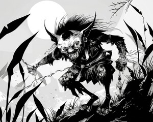 A black and white image of a creepy goblin creature with sharp teeth and claws.