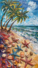 Wall Mural - Tropical beach with seashells and starfish under palm trees, colorful painting