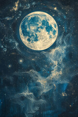 Fototapete - Depiction of The Moon (card 18) with lunar phases and swirling galaxies, symbolizing mystery and cosmic intuition,