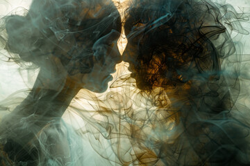 Fototapete - Artistic rendering of The Lovers (card 6) as intertwined light and dark figures, representing the harmony of masculine and feminine energies,
